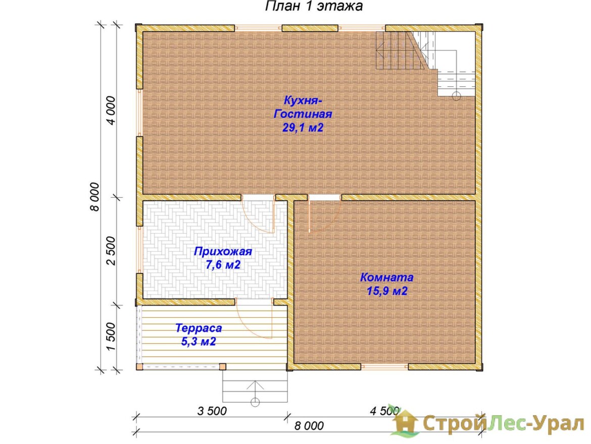 Проект дома ДБ-76 (8х8м), площадью 103м² из бруса 150х150мм | Стройлес-урал